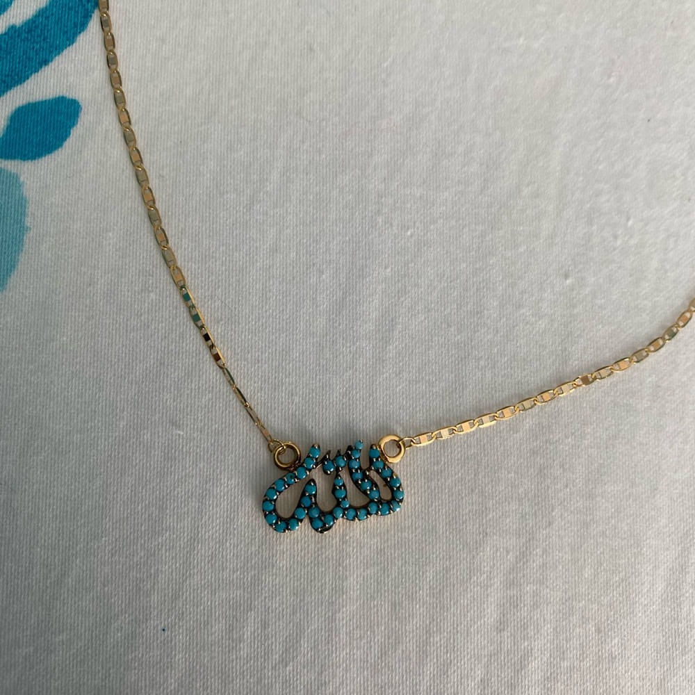 Arabic Gold and Blue Minimalist Necklace with Turquoise Stones 18 k gold